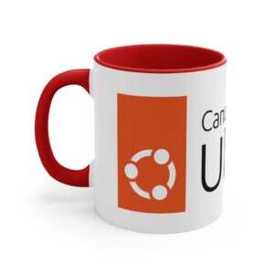 accent mug with canonical ubuntu design, perfect gift for tech lovers, coffee mug, red handle mug, programmer gift