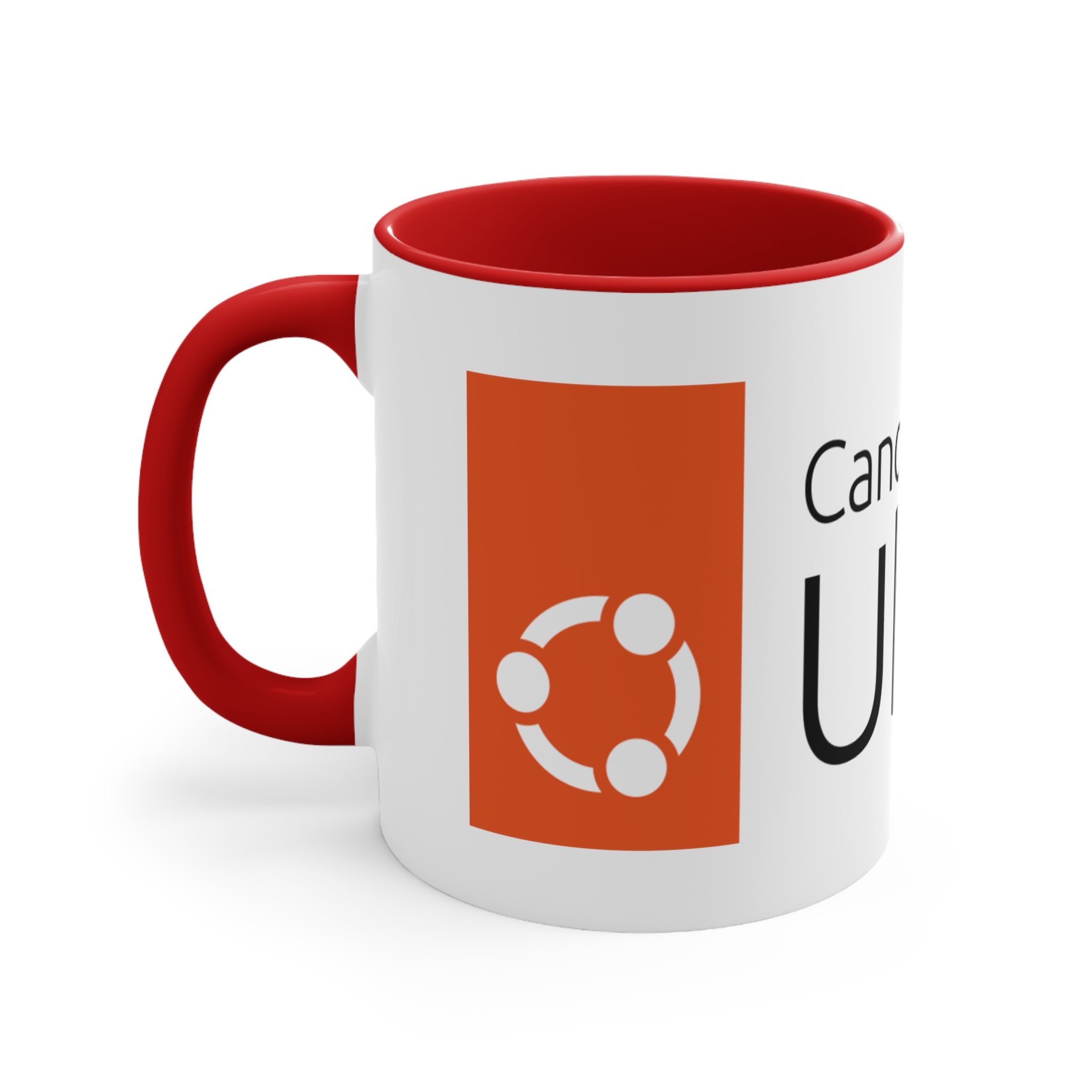 accent mug with canonical ubuntu design, perfect gift for tech lovers, coffee mug, red handle mug, programmer gift