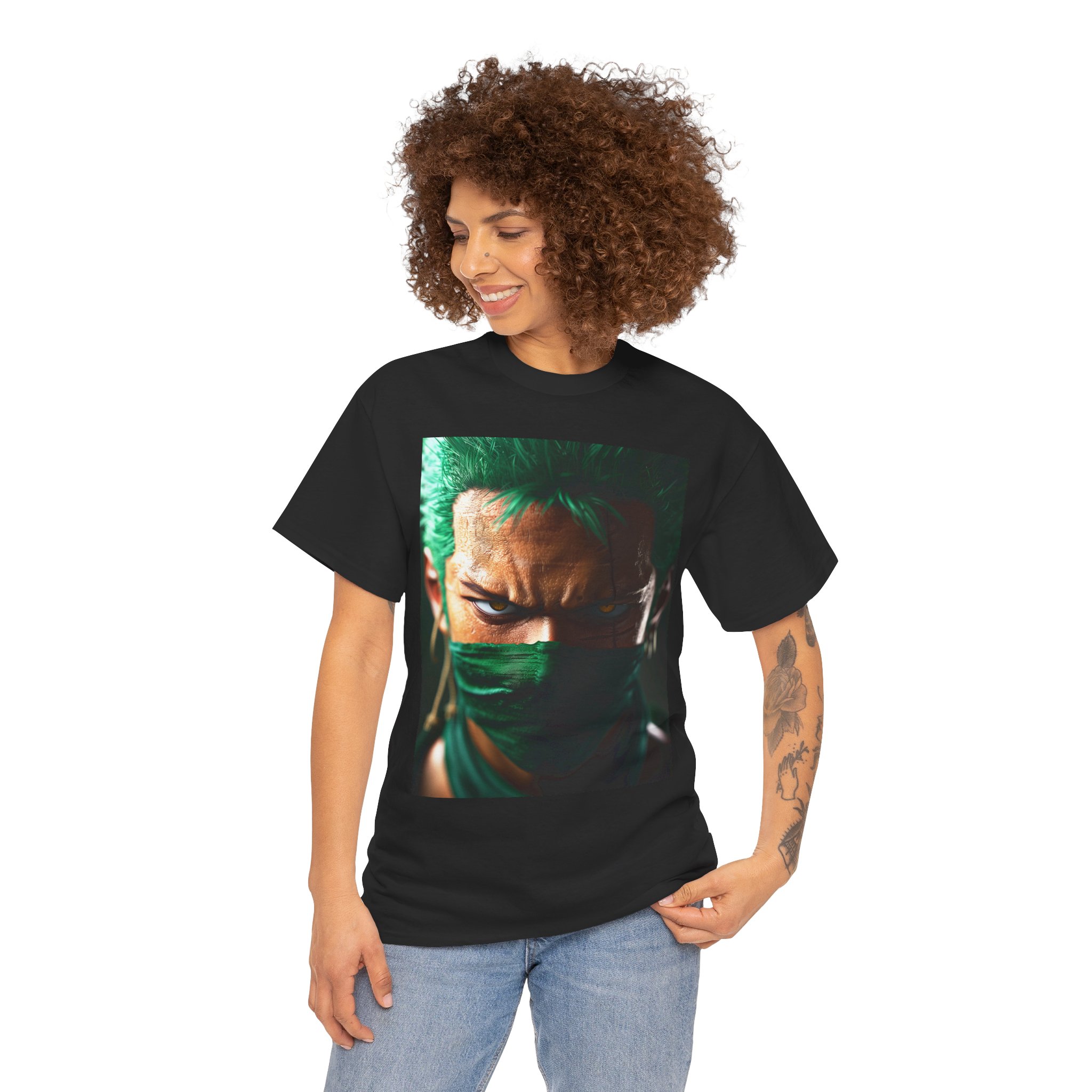 graphic tee — intense green masked warrior portrait graphic tee — intense green masked warrior portrait
