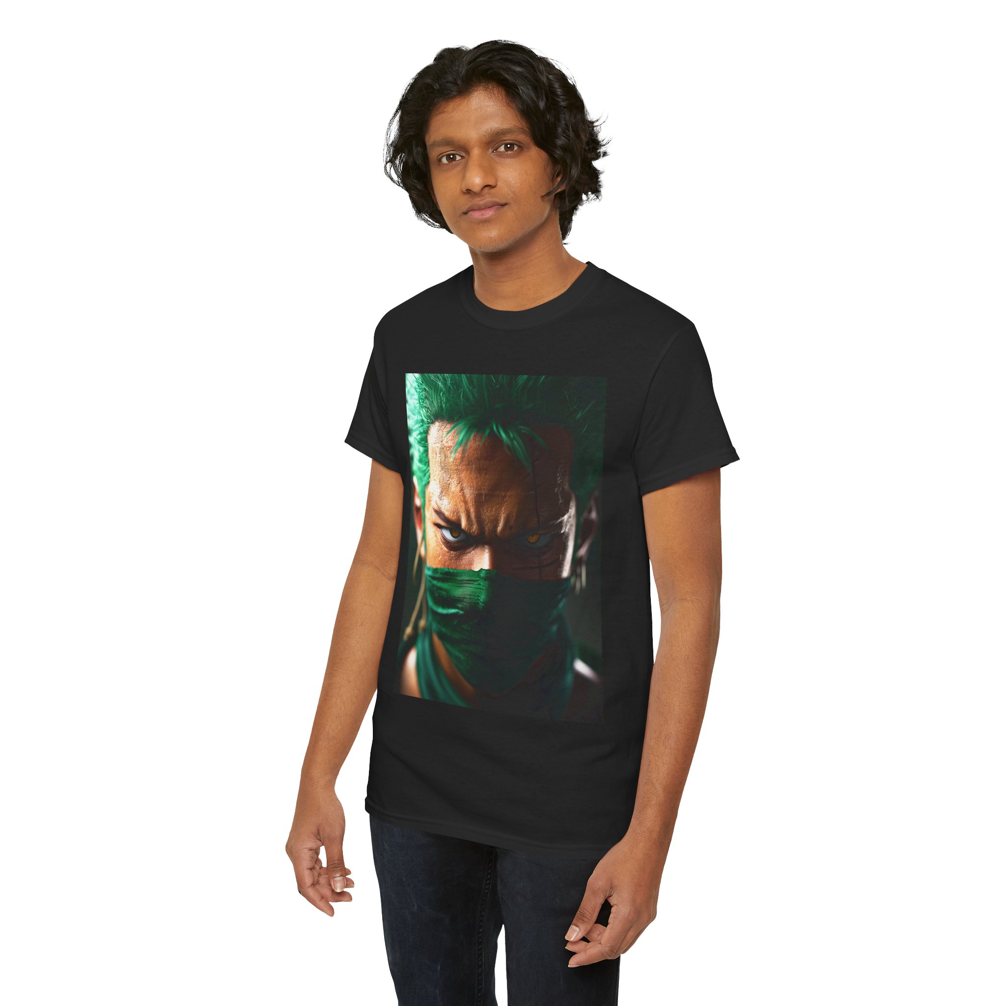 graphic tee — intense green masked warrior portrait graphic tee — intense green masked warrior portrait